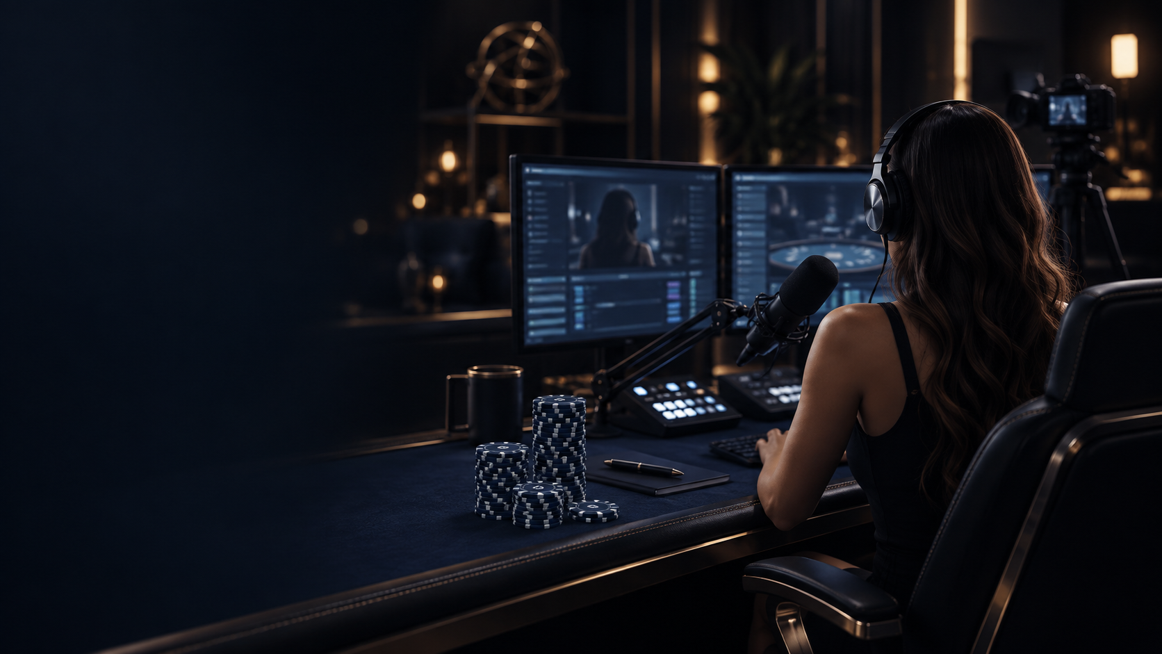 An adult creator at a dark streaming desk with production controls and midnight-blue casino chips
