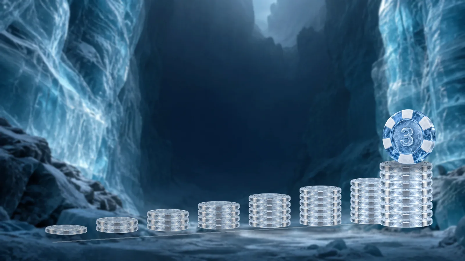 Seven stacks of ice poker chips rising from left to right in an ice canyon, with a blue 3betmedia chip on top of the tallest stack