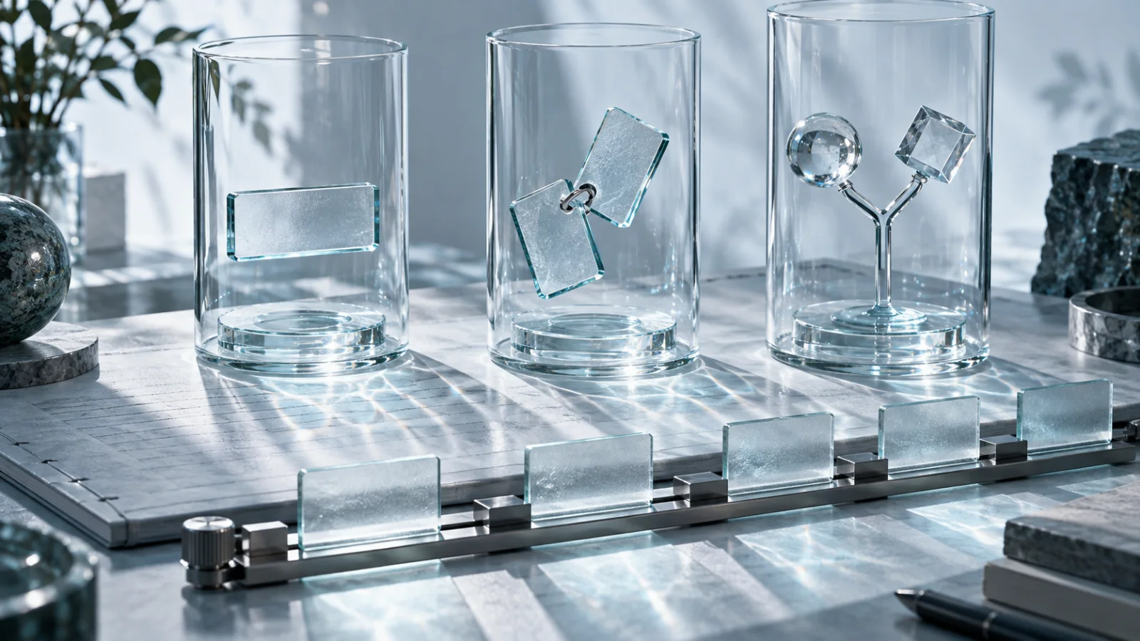 Three transparent conversation vessels with distinct symbolic contents above a frosted recording ledger and evenly spaced sampling slips