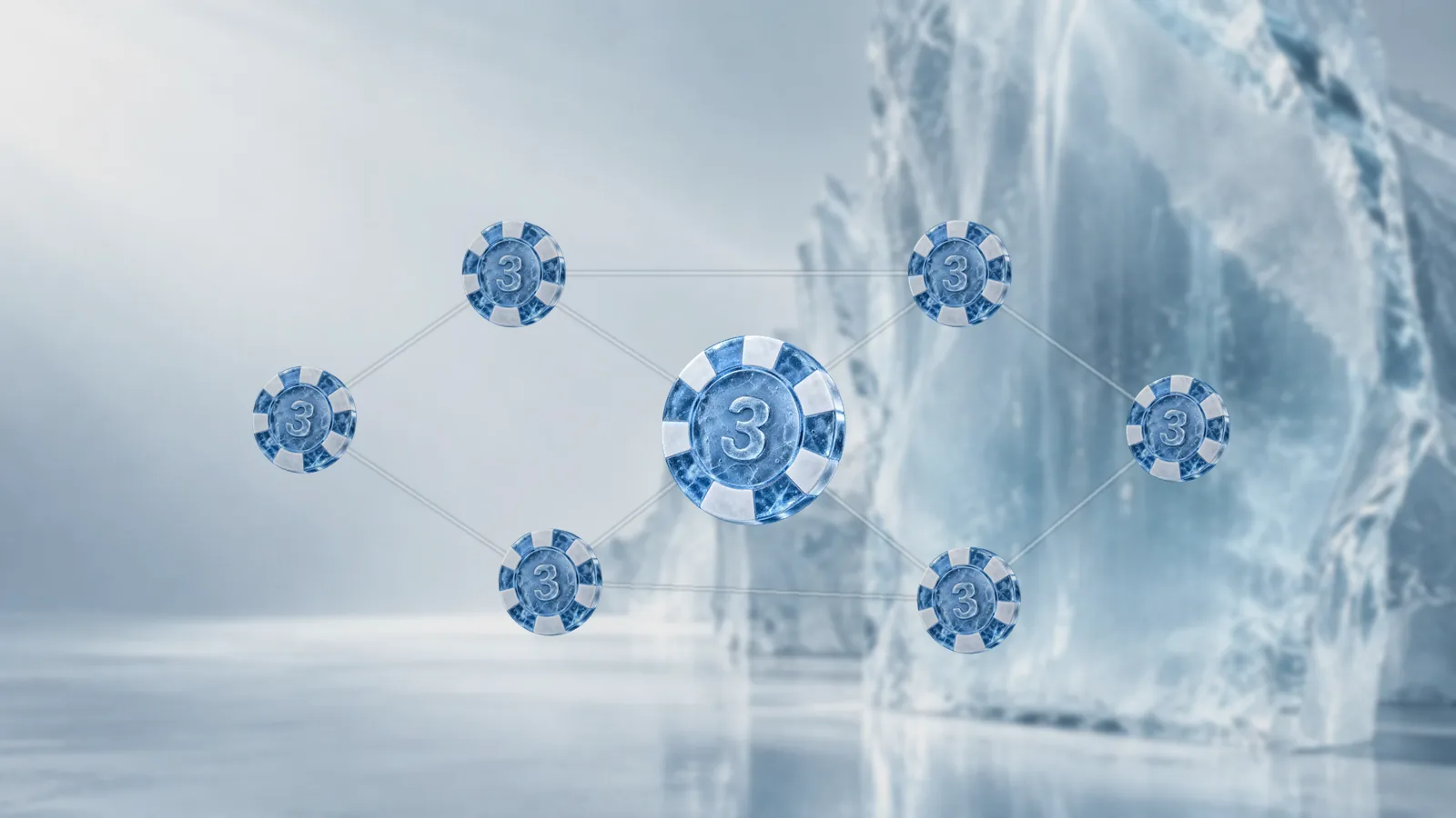 Seven frosted ice poker chips joined by thin frost lines into a network, one larger chip at its centre