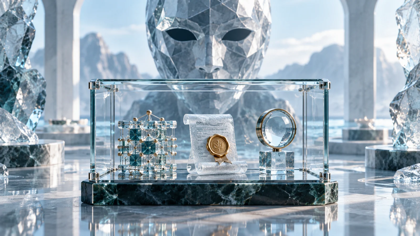 Frosted privacy mask behind a clear evidence cabinet containing code, contract and audit objects