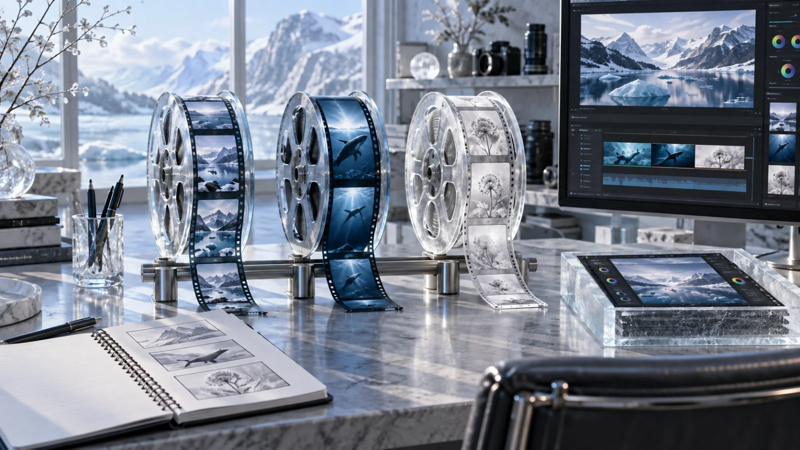 Different sample reels and accepted-file trays on a glass editing review rail