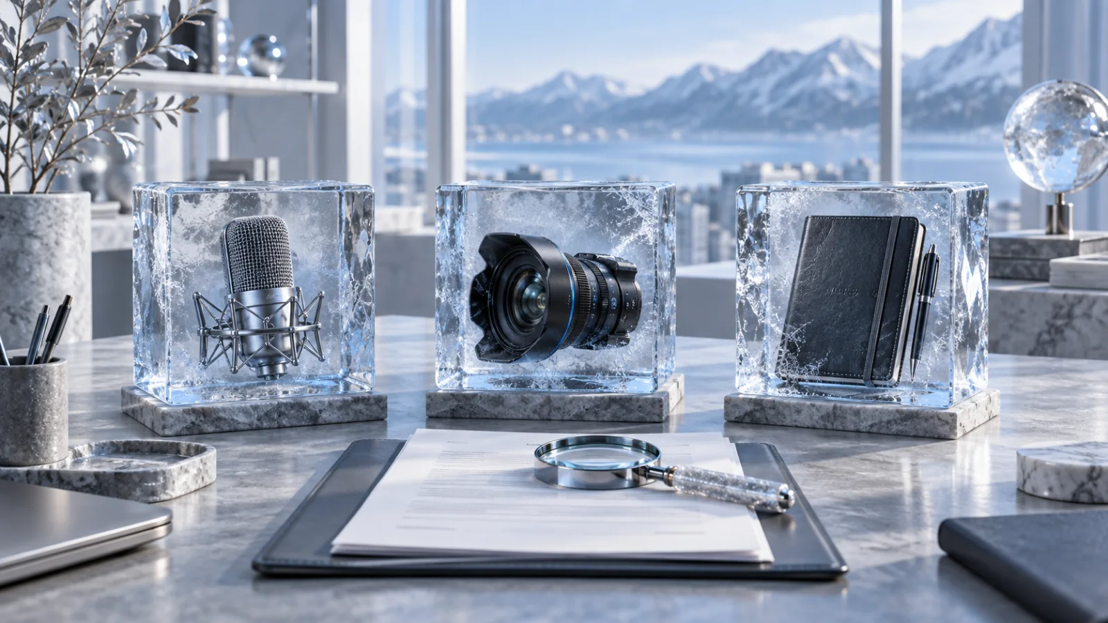 Three glass agency sample cases reviewed with a lens and an unsigned contract