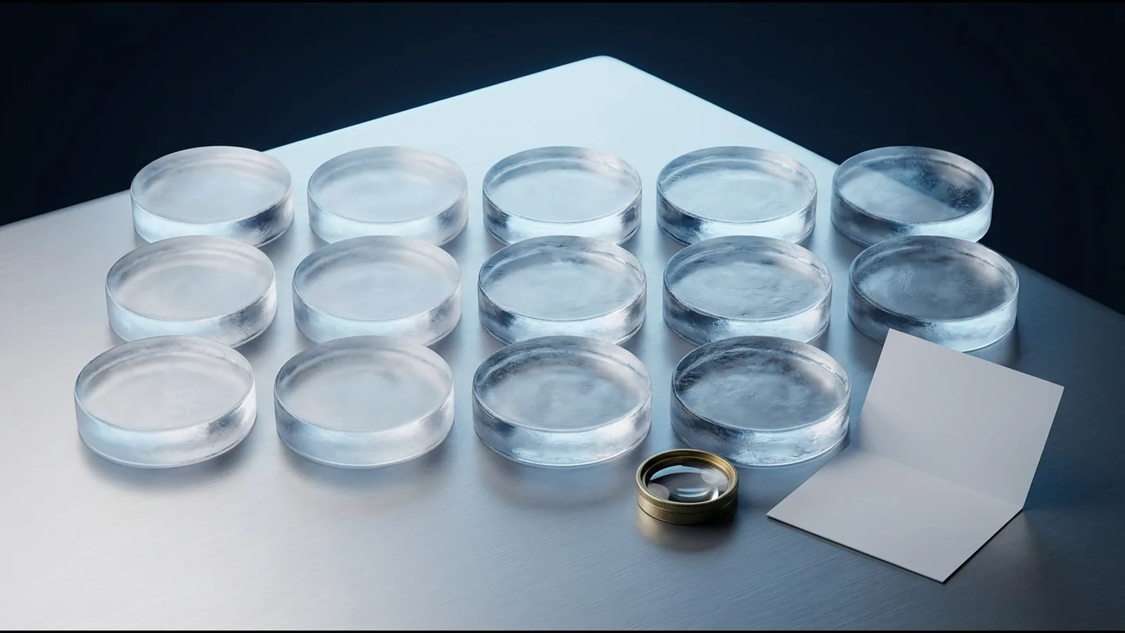 Rows of identical ice-glass discs on a silver table beside a magnifying loupe and a blank evaluation card