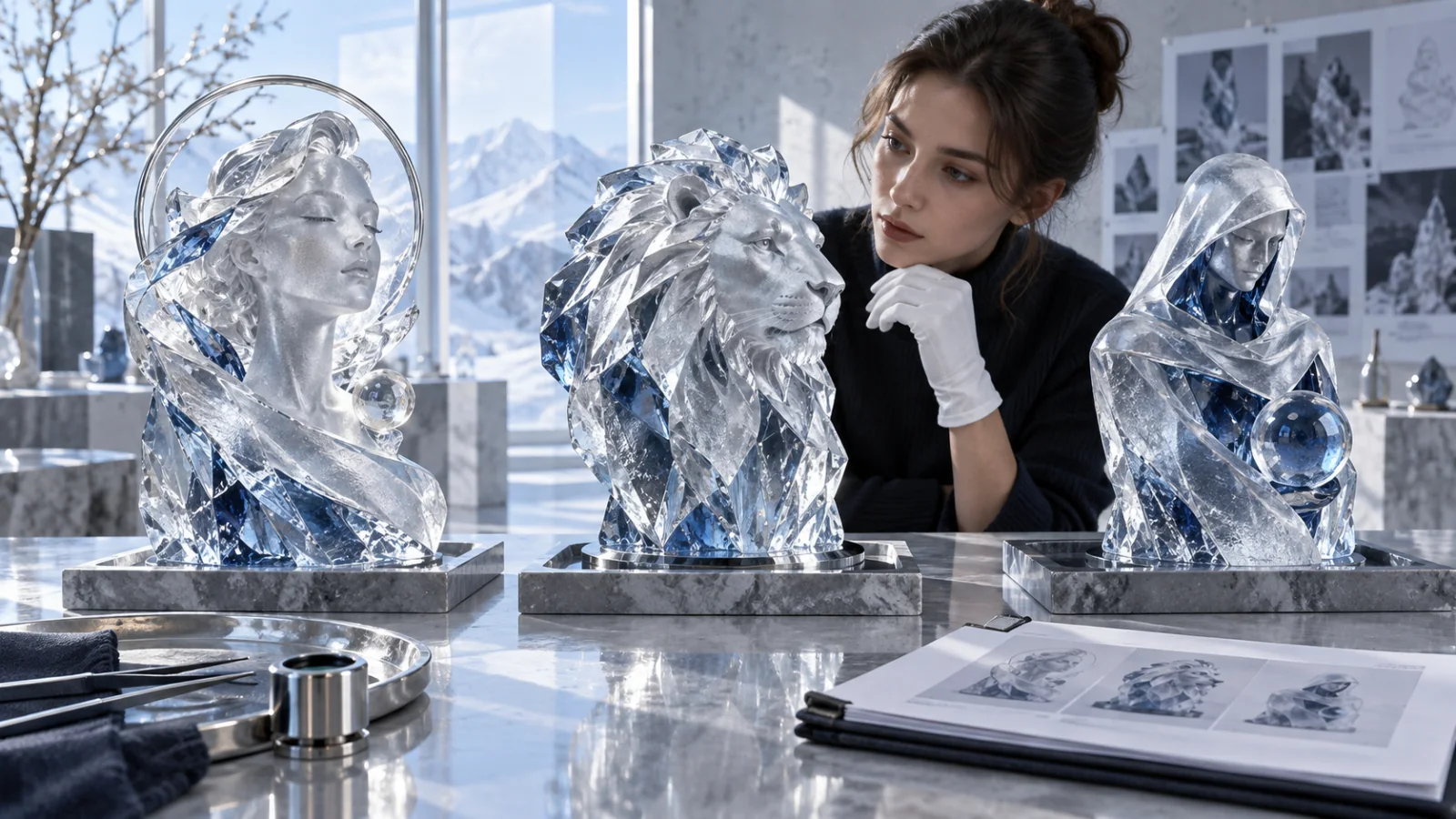 A curator reviewing separate glass cultural characters beside a briefing folder