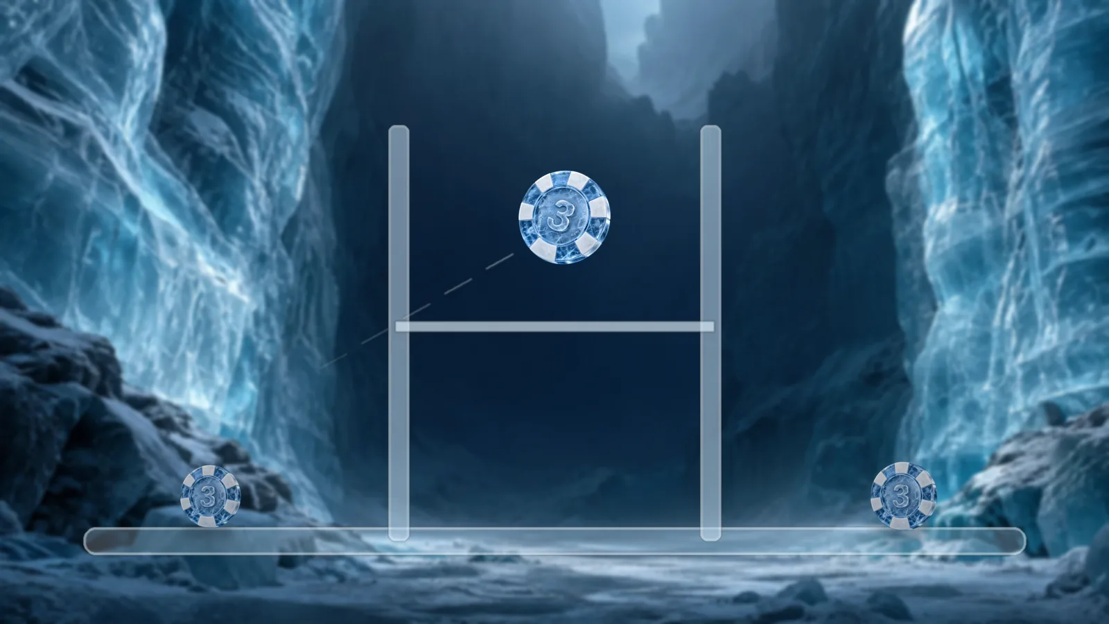 Frosted ice rugby goal posts on a pitch line in an ice canyon, a poker chip flying between the uprights with a frosted trail, two chips on the ground