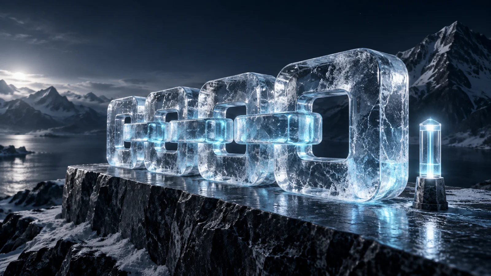 Interlocking ice blocks and a luminous beacon represent connected blockchain infrastructure.