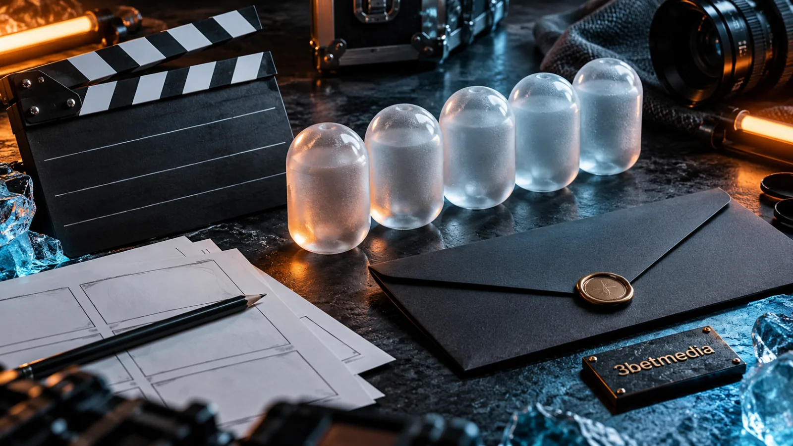 A clapperboard, blank storyboards, capsule props and a sealed funding envelope