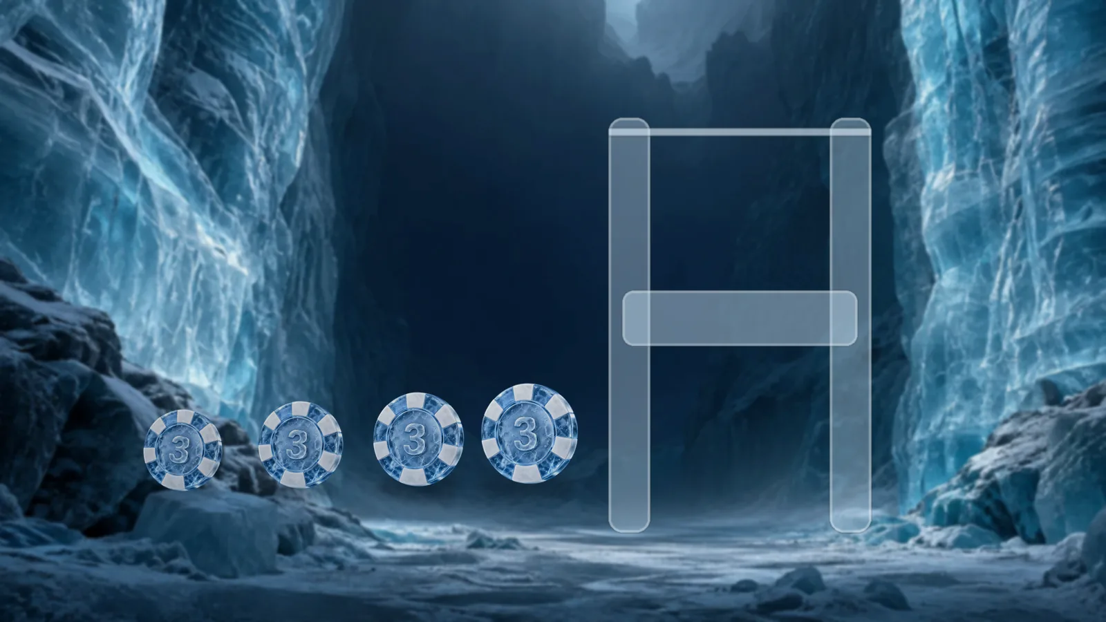 Four frosted ice poker chips stopped in front of a tall frosted ice gate that is closed by a horizontal ice bar