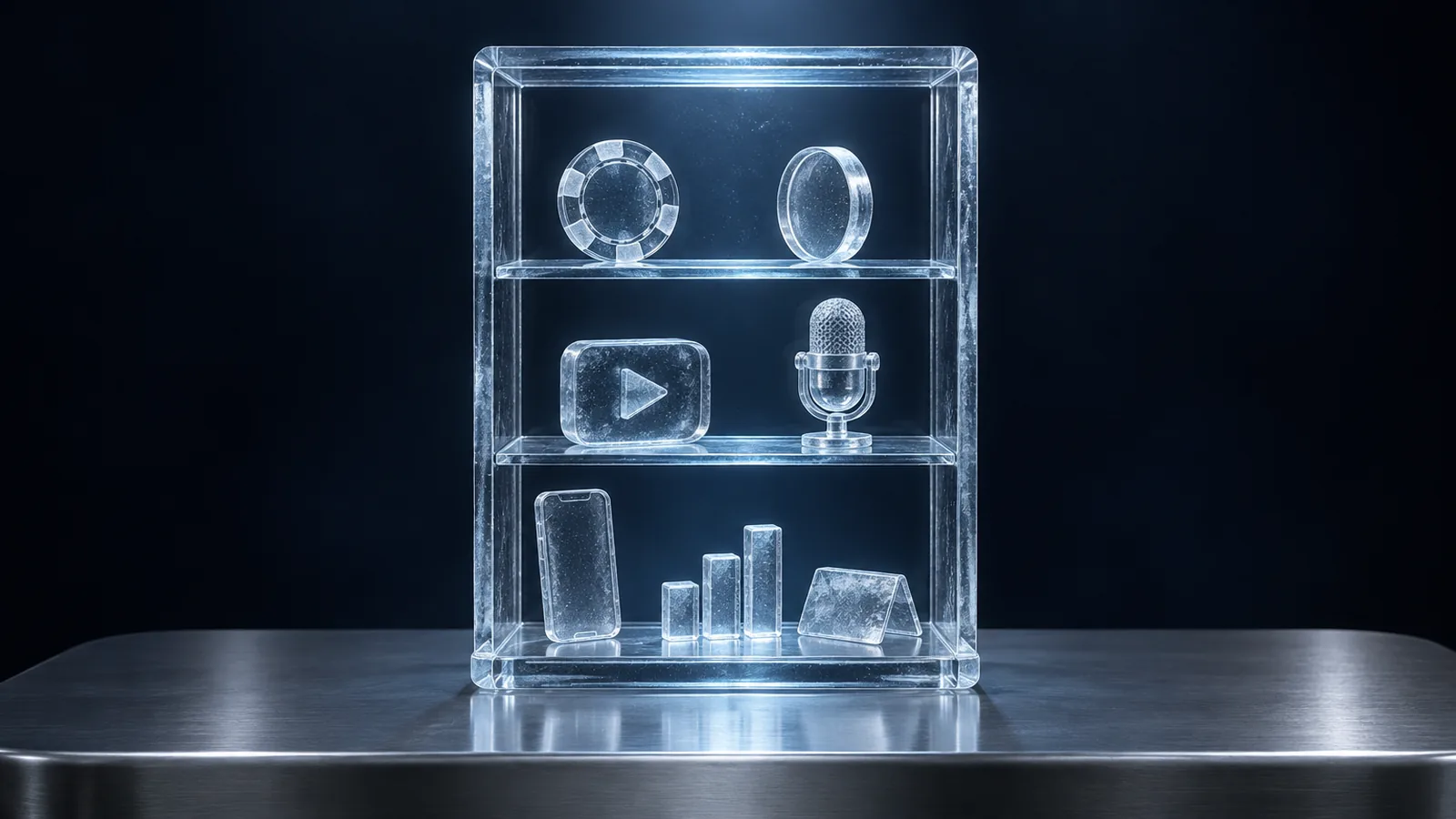 Ice-glass display cabinet on a silver table holding a poker chip, a coin, a play button, a microphone, a phone and a small bar chart