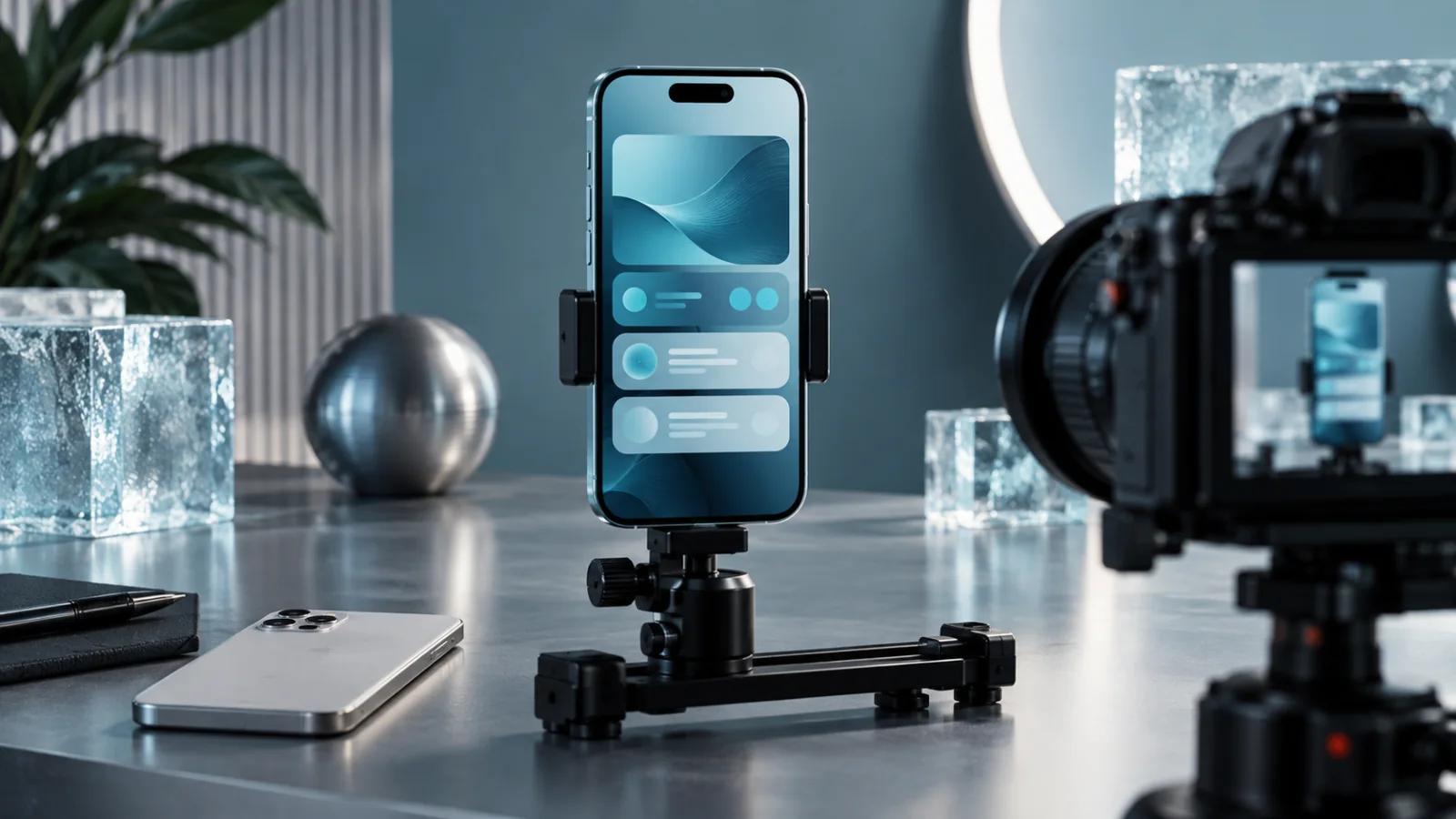 An abstract navigation screen on a mounted smartphone with a second camera and rehearsal handset
