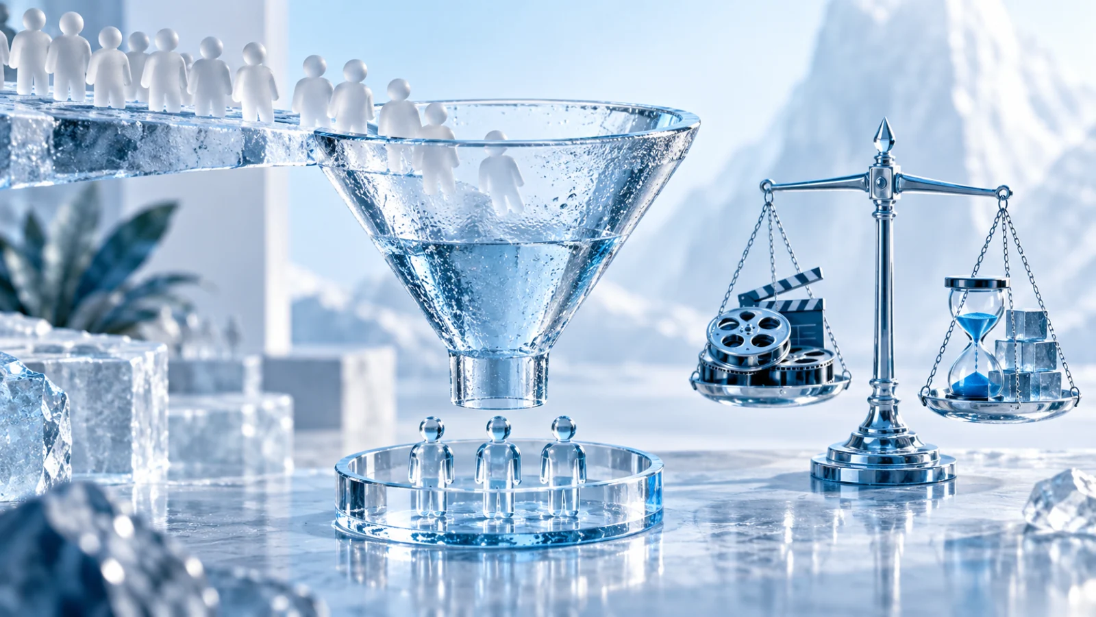 Ice-glass acquisition funnel sorting visitor figures into a depositing-player cohort beside a cost balance