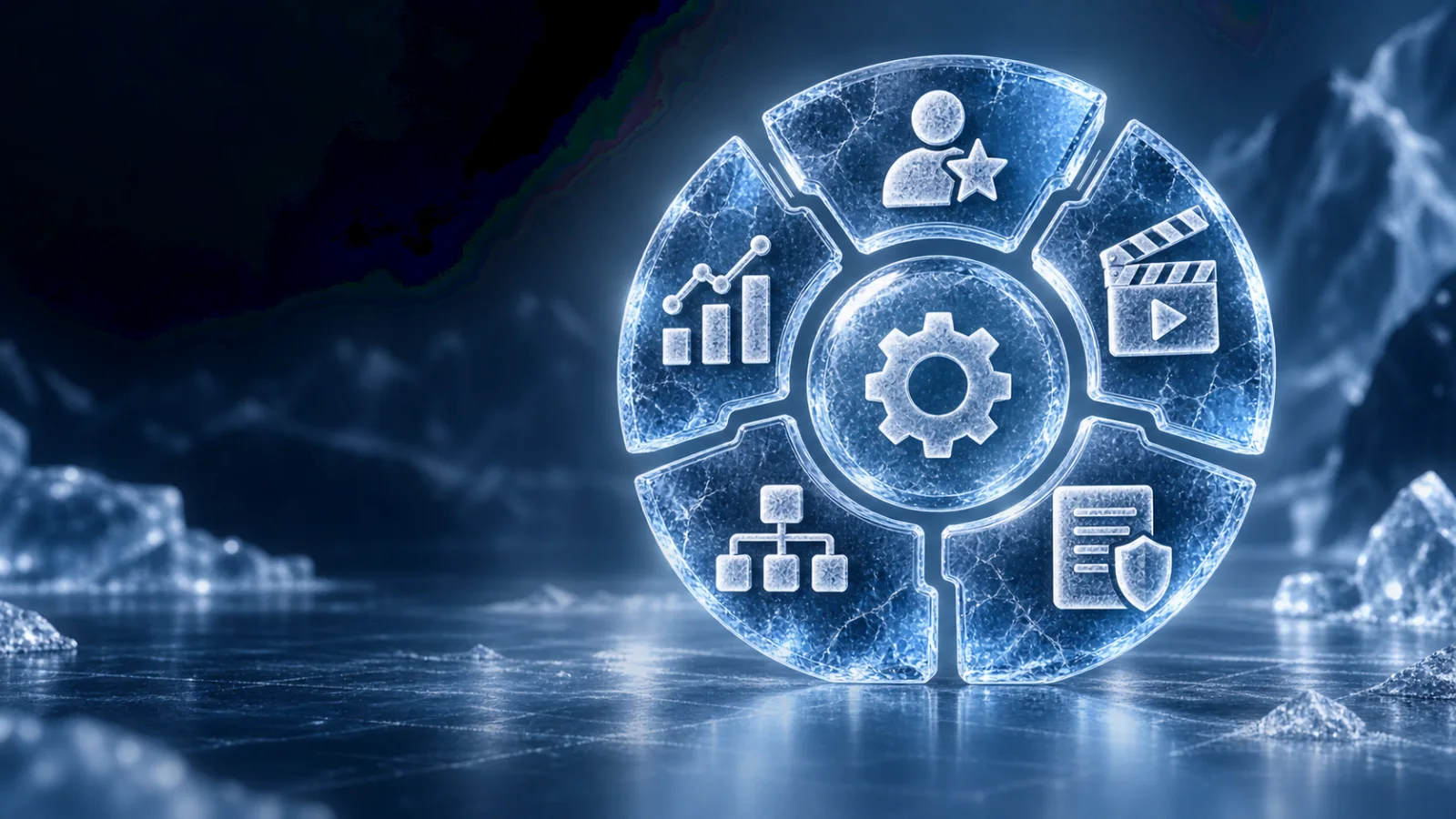 Five crystalline budget modules assembled into a casino influencer campaign planning mechanism