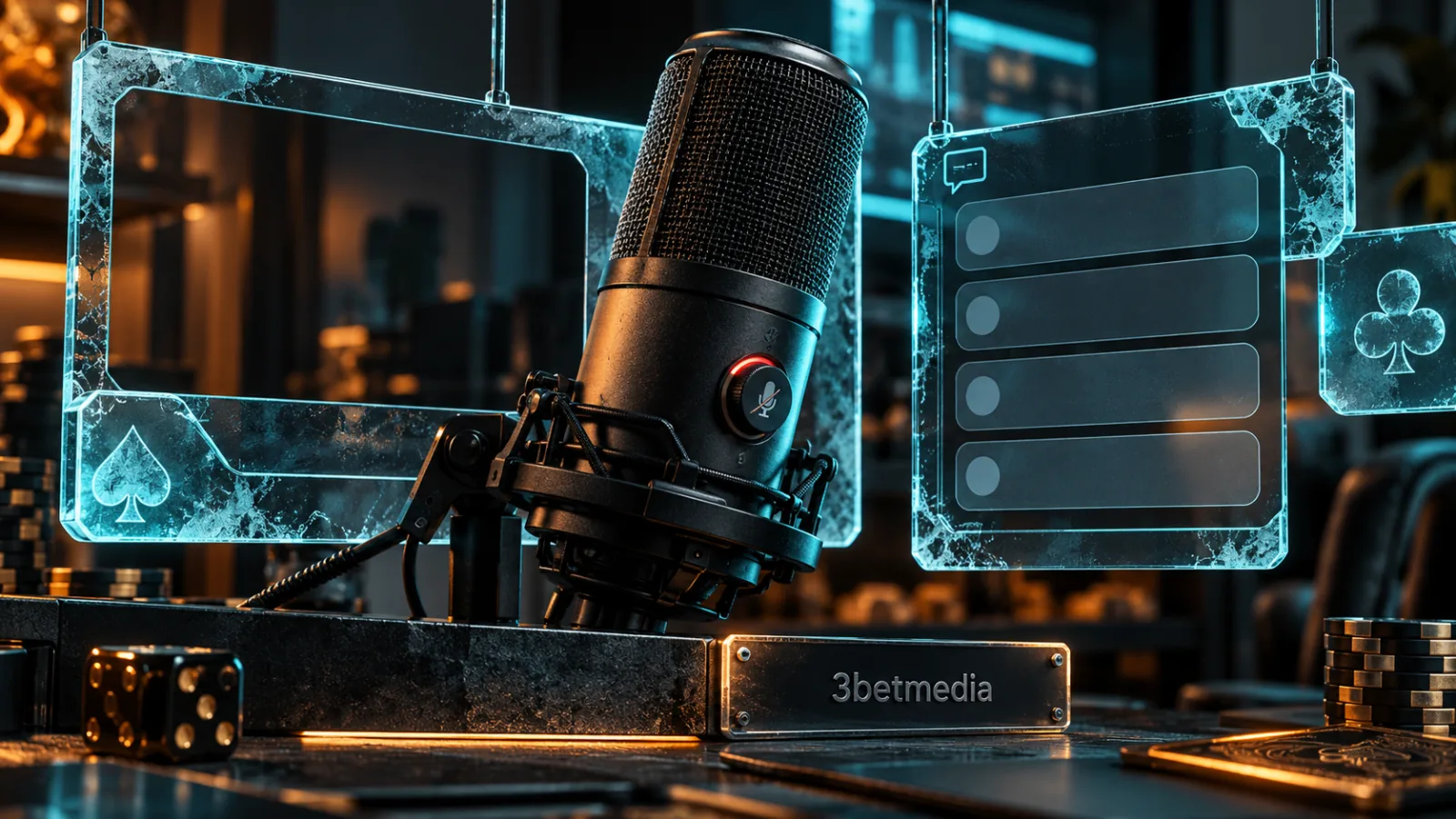 A studio microphone between transparent broadcast frames and blank chat-message panels