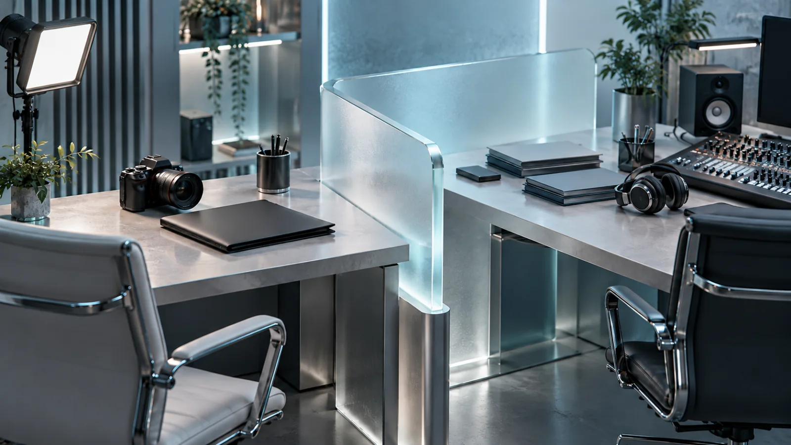 Two production workbenches separated by an ice-glass divider