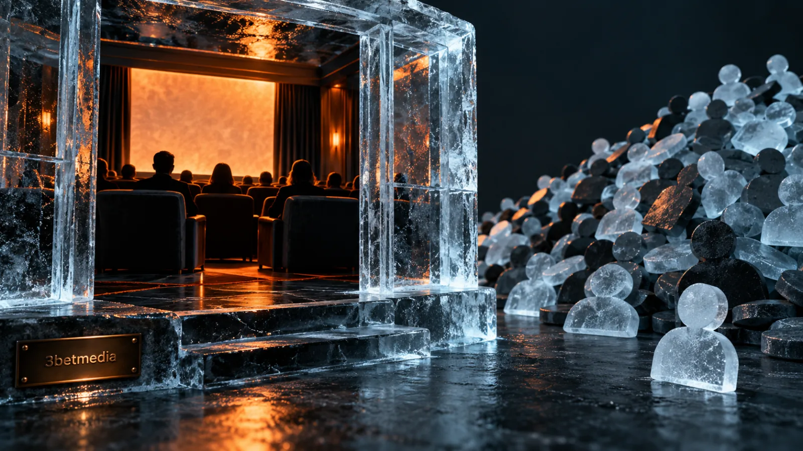 An ice-framed screening room contrasted with detached audience tokens outside the room