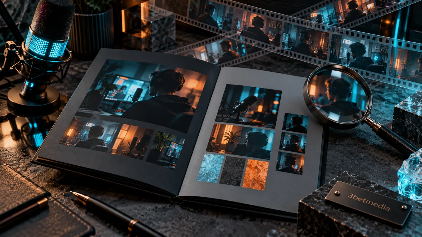 A creator portfolio, stream film strips and a magnifying glass on a dark production desk