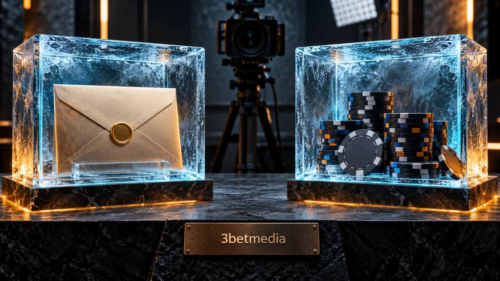 Separate glass cases containing a sealed sponsor envelope and artificial rehearsal chips