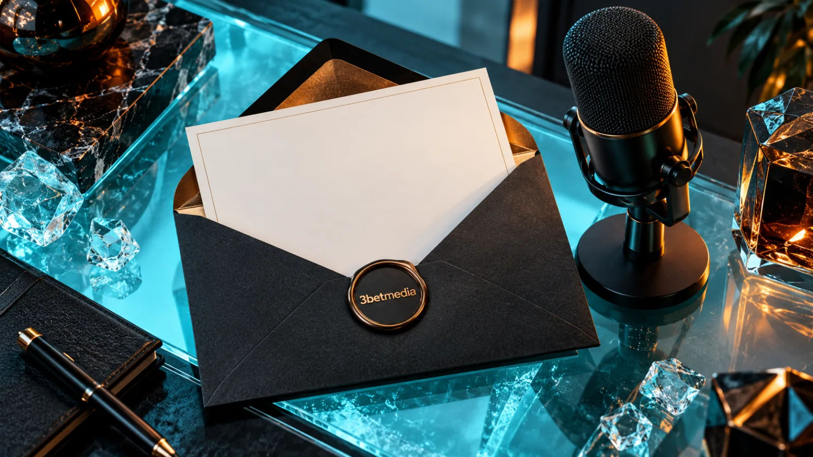 An open sponsorship invitation envelope with a blank brief beside a studio microphone