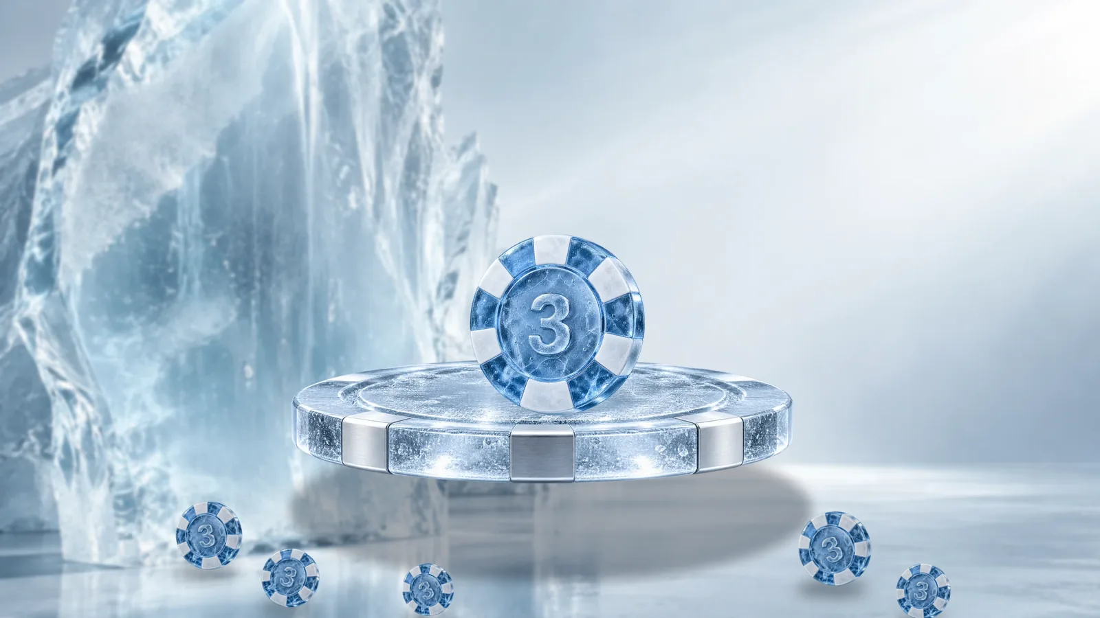 A frosted ice poker chip standing on a round ice pedestal with five smaller chips scattered on the ice floor around it