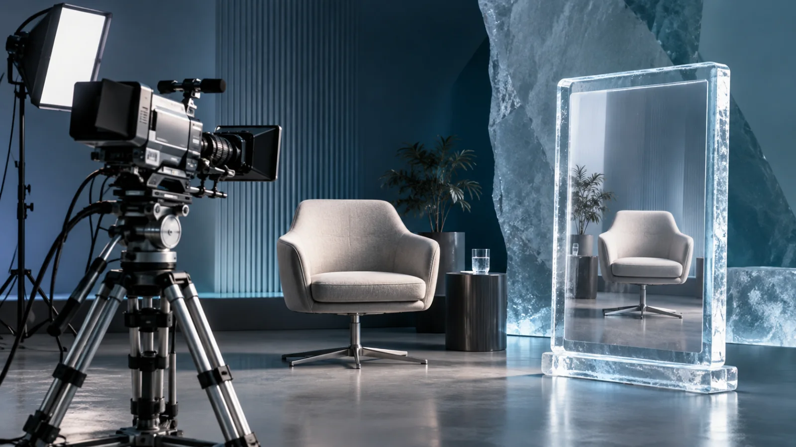 A broadcast camera and a portrait ice-glass video frame facing an empty recording chair