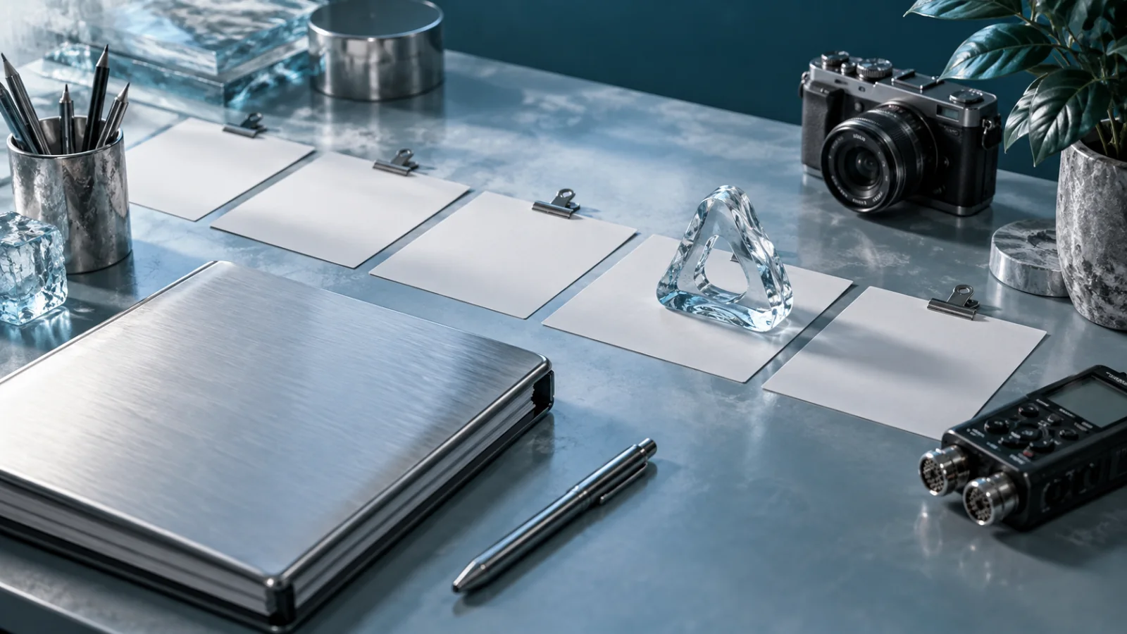 Blank storyboard cards and an abstract glass object beside a script binder and camera