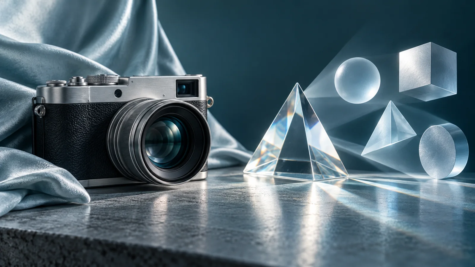 A tactile silver camera beside an ice-glass prism and abstract geometric forms