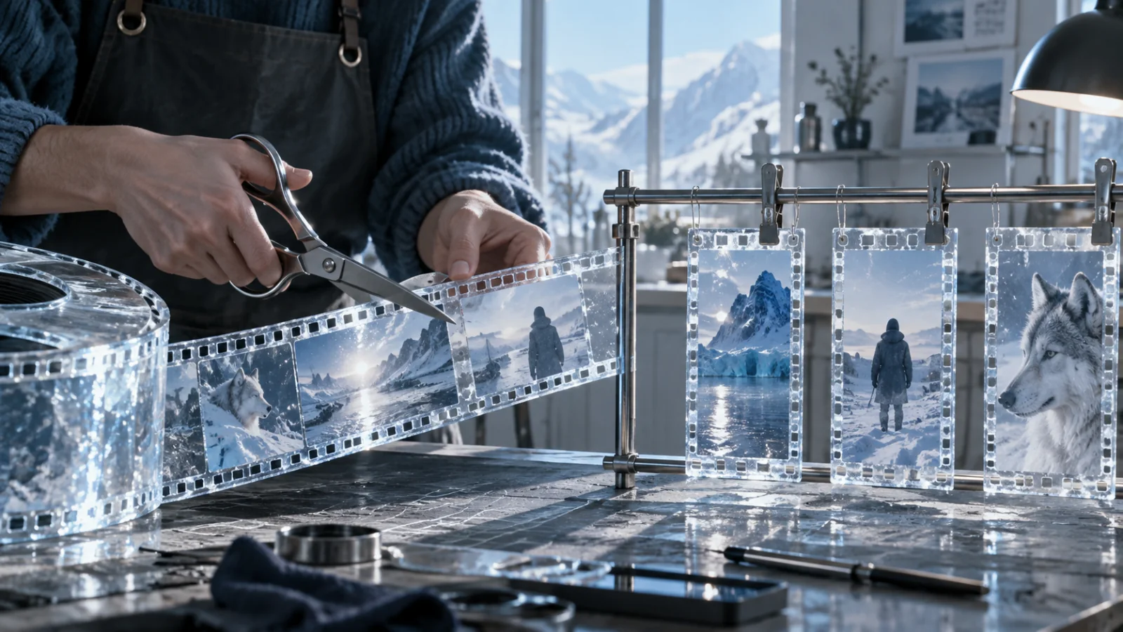 A glass film ribbon cut into vertical scenes on a professional editorial bench
