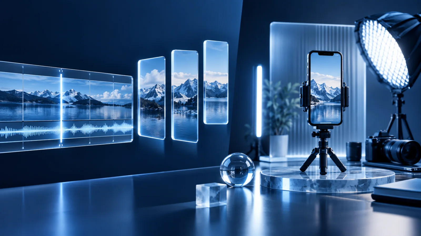 Split ice-glass studio comparing a long-form clipping timeline with an original creator UGC set