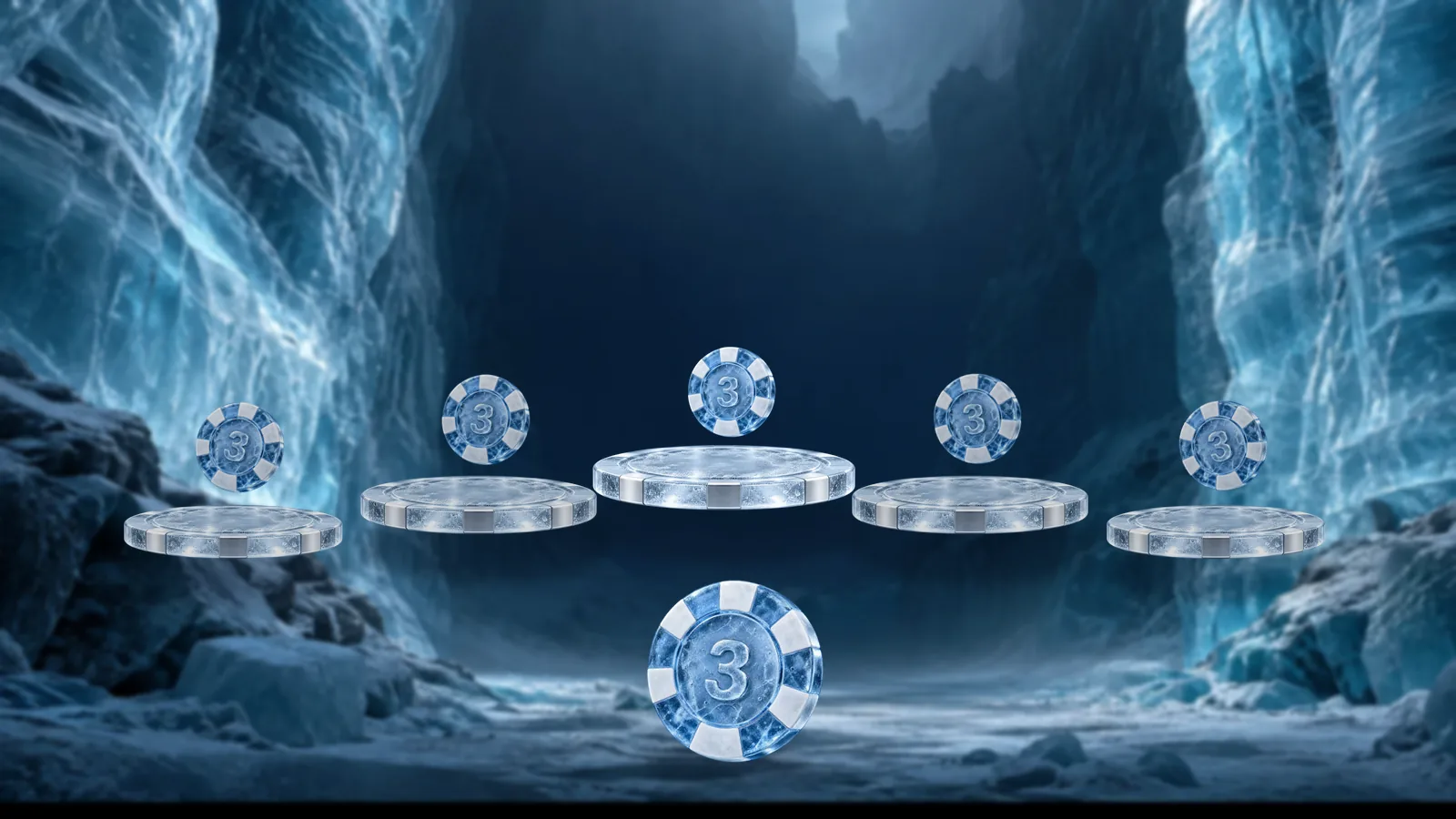 A large frosted ice poker chip in the foreground facing five ice pedestals of different heights, each holding a smaller chip