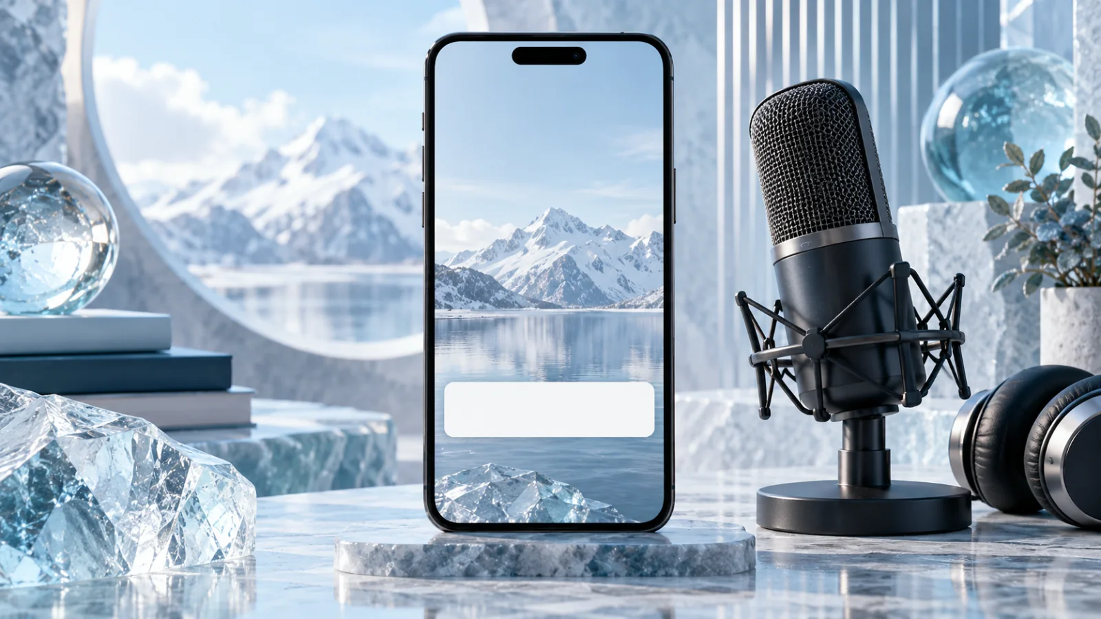 A blank disclosure bar inside a mobile video frame beside a studio microphone