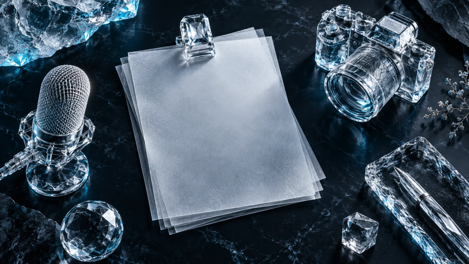 Blank frosted briefing sheets arranged beside a crystal camera and microphone.