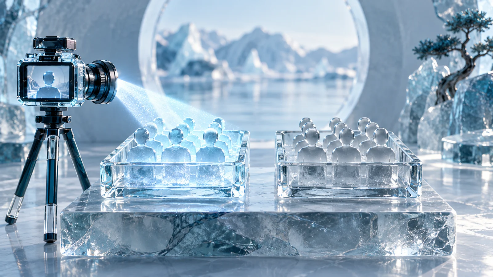 Two matched ice-glass audience trays with one exposed to a creator camera beam