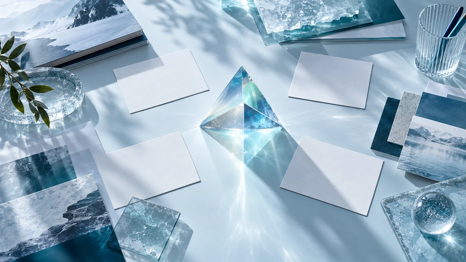 Campaign artefacts and separate observation cards around a next-experiment prism on an icy desk