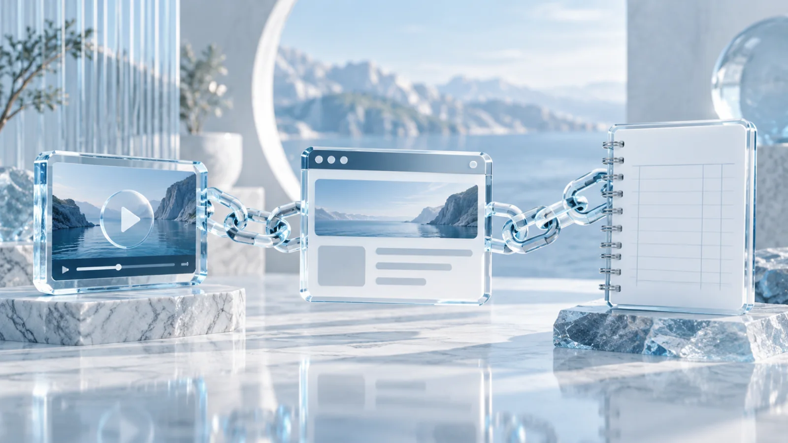 Ice-glass URL segments joining an abstract video frame to a browser and a blank campaign ledger