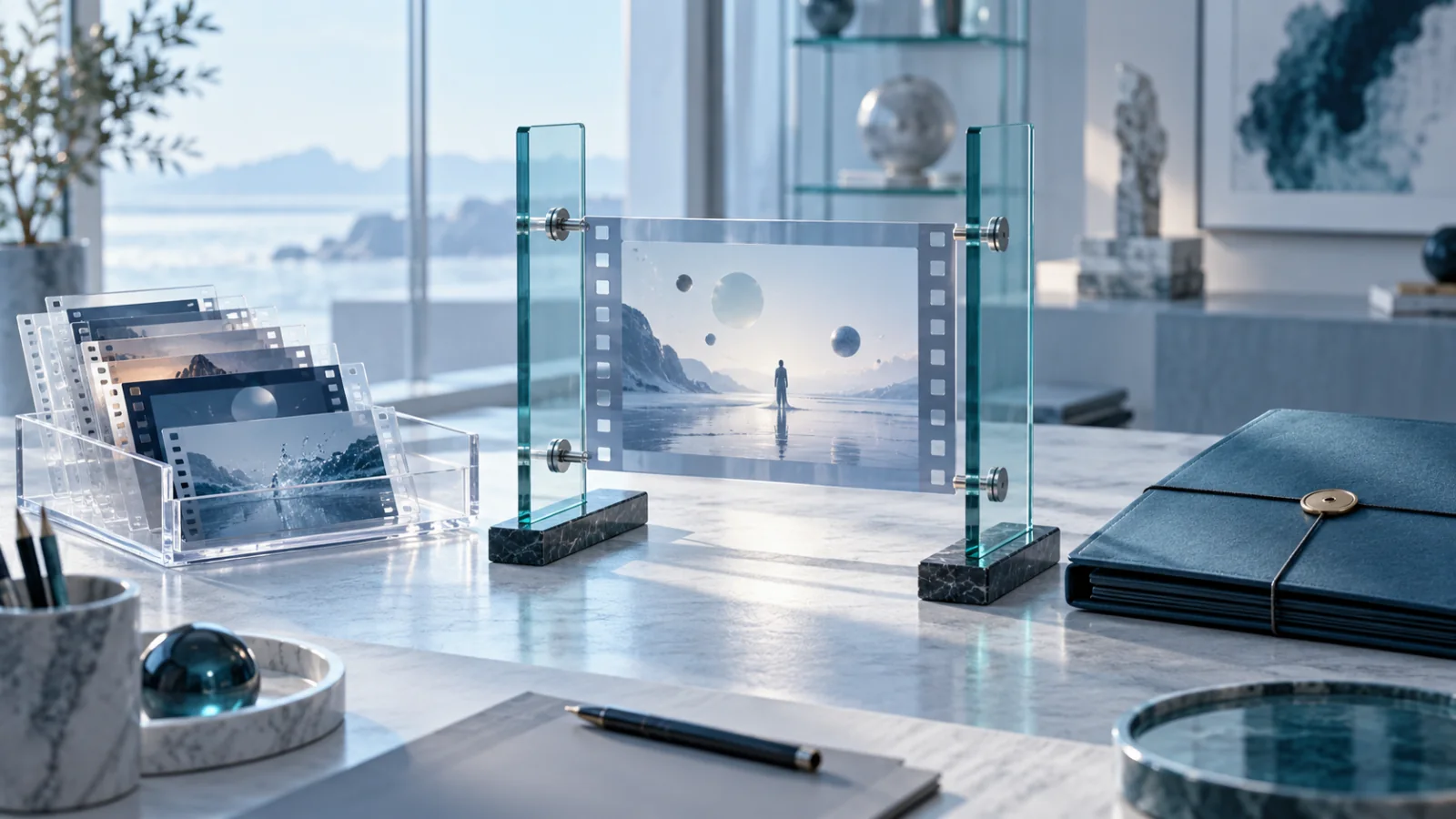 An abstract creator-video frame between glass review gates with separate redraft and archive trays