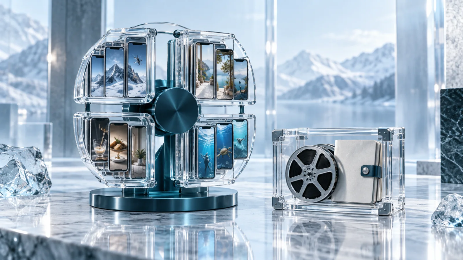 A circular arrangement of translucent video trays beside a separate single-delivery reel and rights folder in an icy blue studio