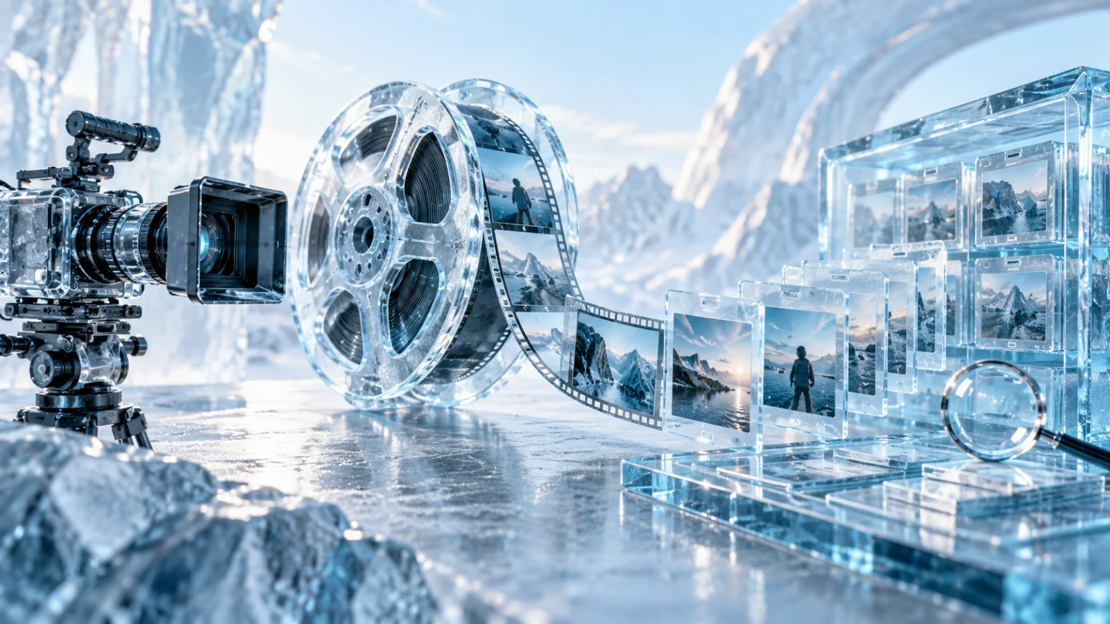 Ice-blue film reel unfolding into indexed pages beside a creator camera and evidence archive