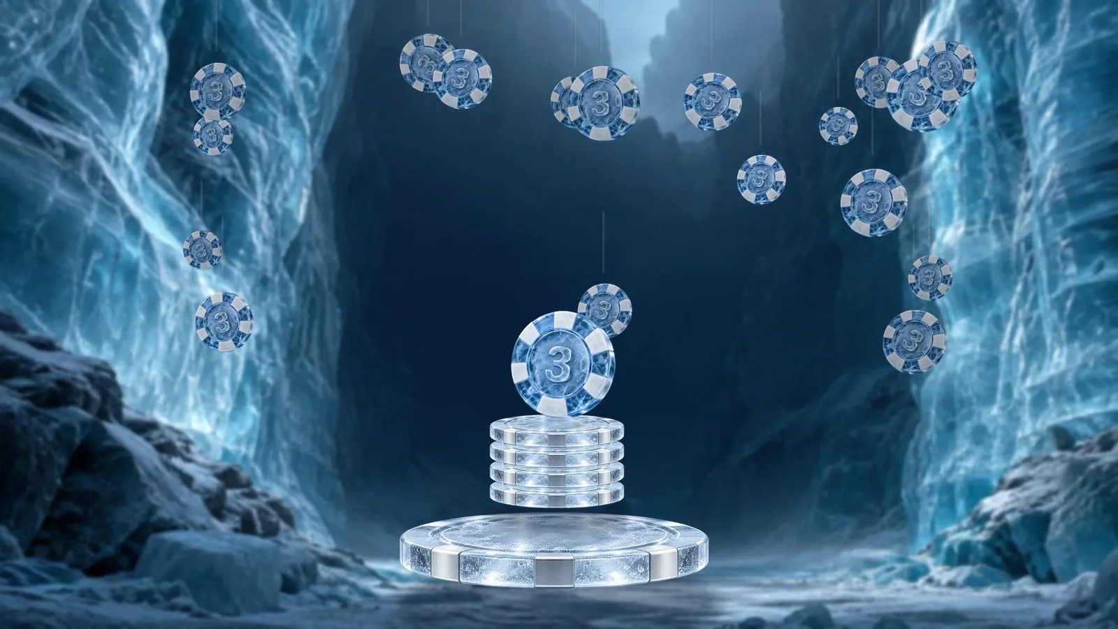 Dozens of small poker chips falling through an ice canyon, with a short stack of chips and one larger chip resting on a round ice pedestal