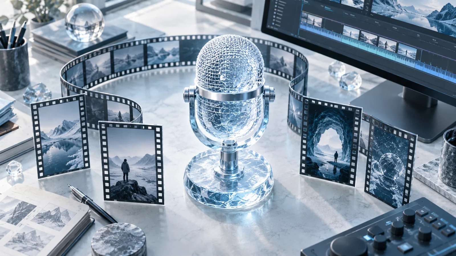 A circular glass microphone beside a long source-film strip and cropped vertical excerpts