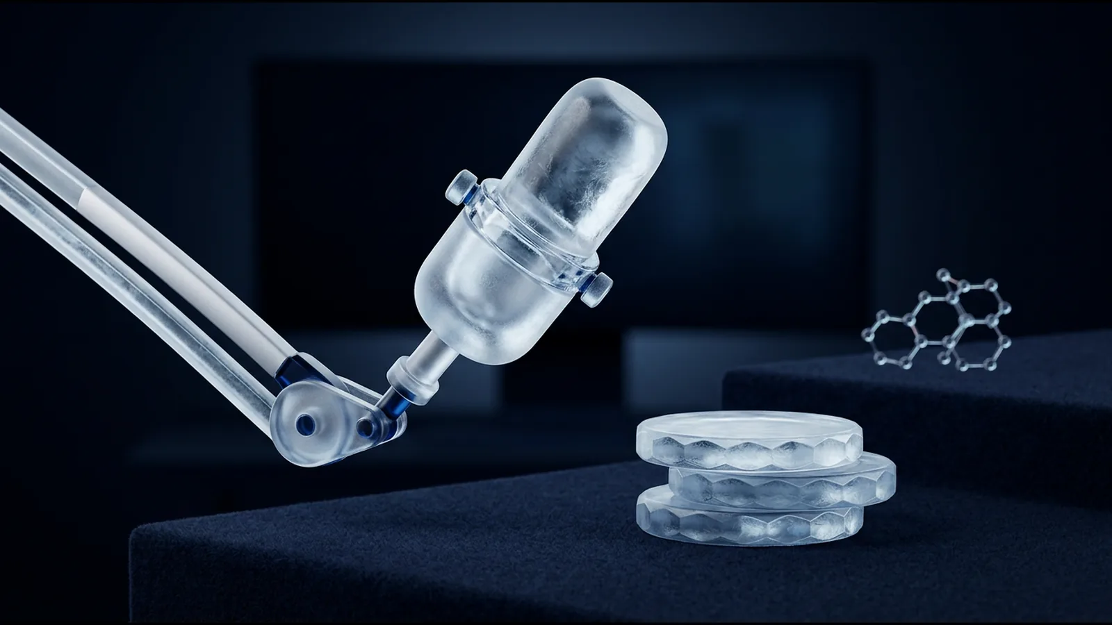 Ice-glass streaming microphone beside faceted glass discs and a hexagonal network sculpture on dark felt
