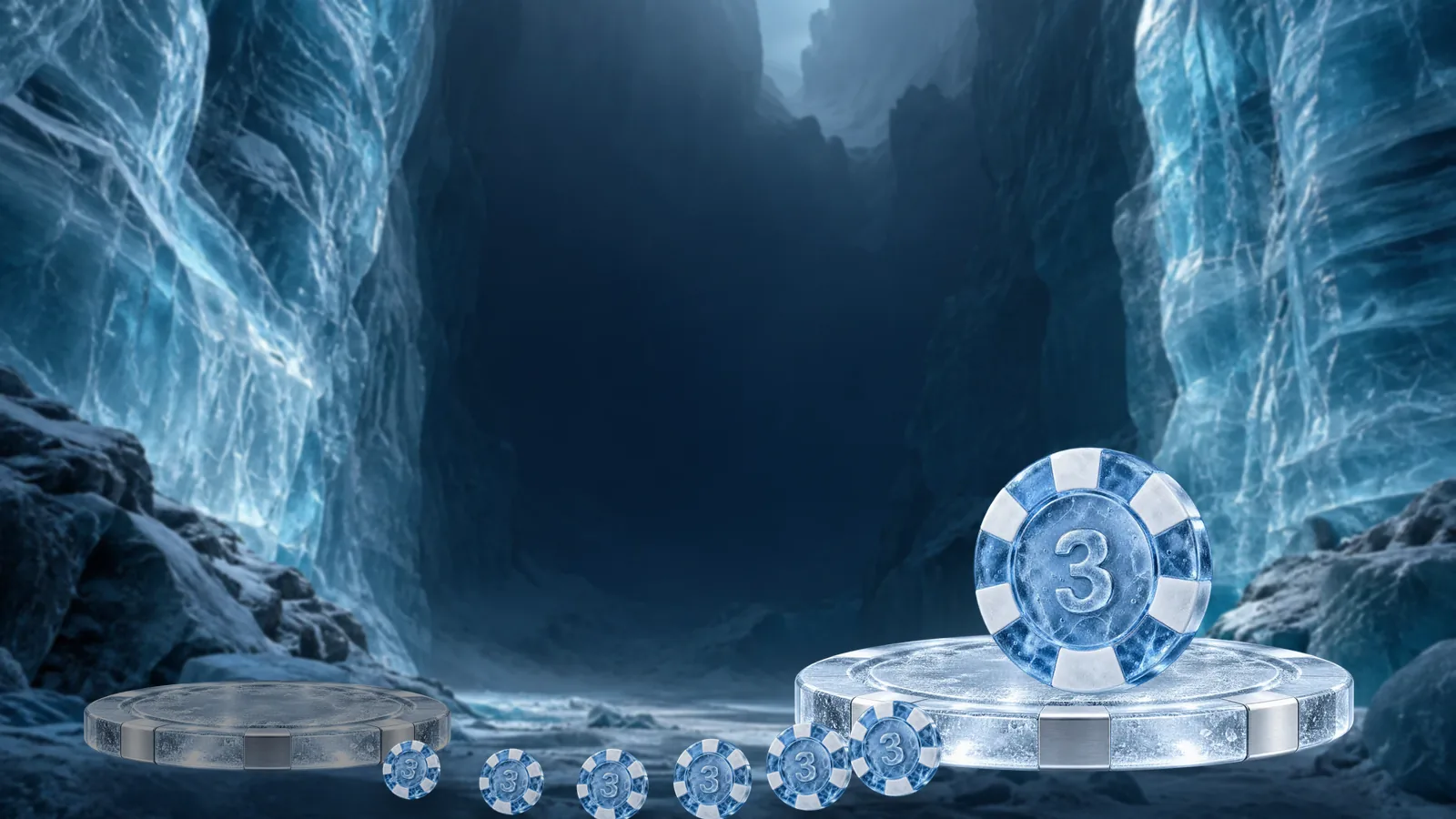 A dimmed empty ice pedestal on the left and a lit pedestal holding a large frosted poker chip on the right, with a trail of small chips crossing the glacier floor between them