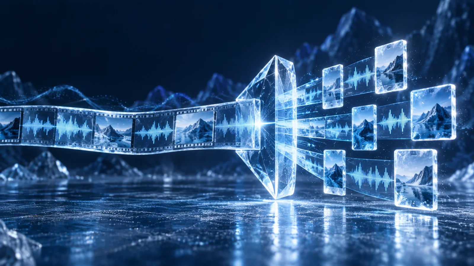 Long crystalline audio-video ribbon passing through a prism and becoming short crypto media panels