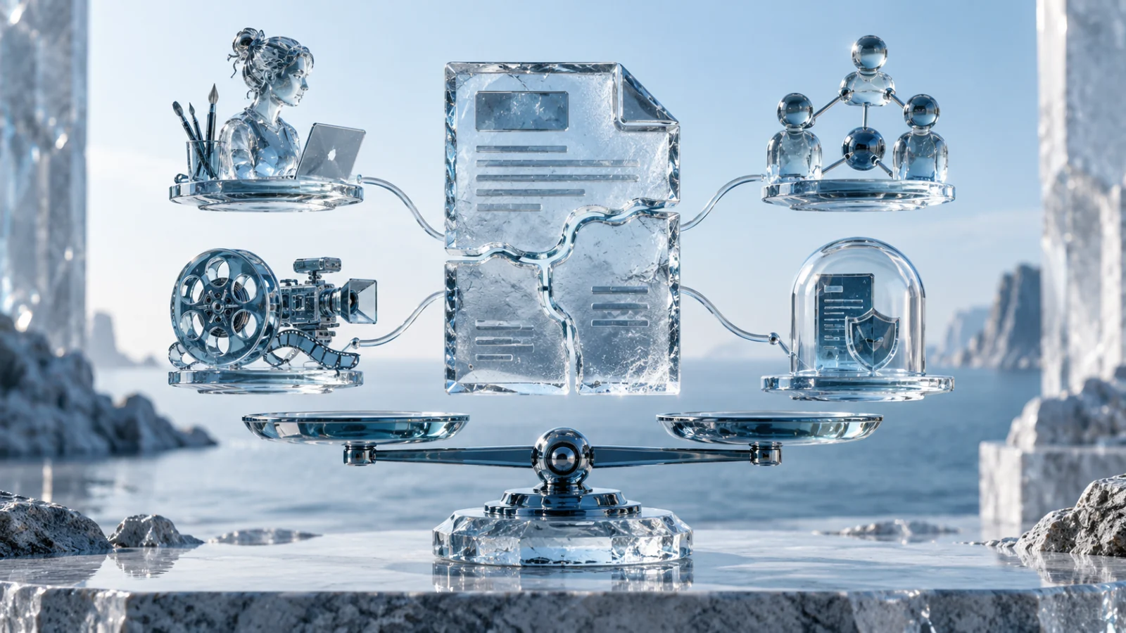 Layered glass invoice separating creator work, production reels, brokerage and rights capsules