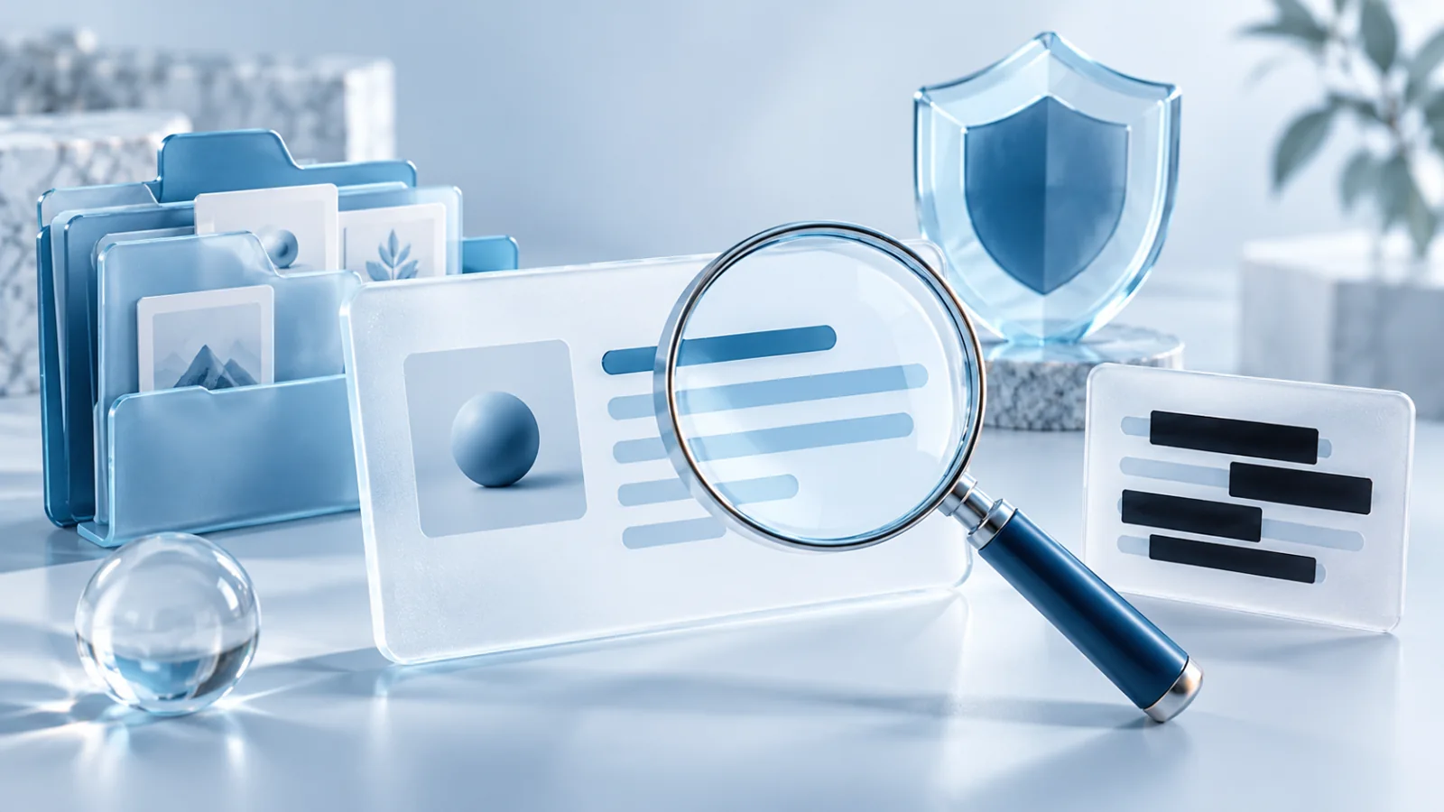 A glass magnifying lens inspecting a product-claim card beside evidence folders and a security shield
