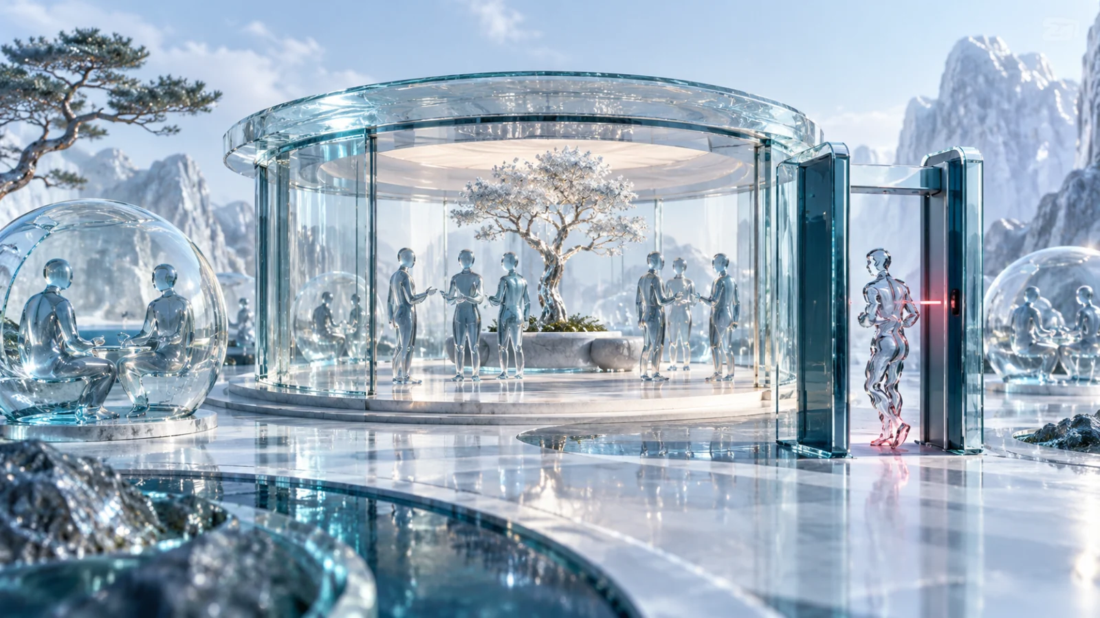 Translucent community pavilion with an inspection gate rejecting a distorted duplicate avatar