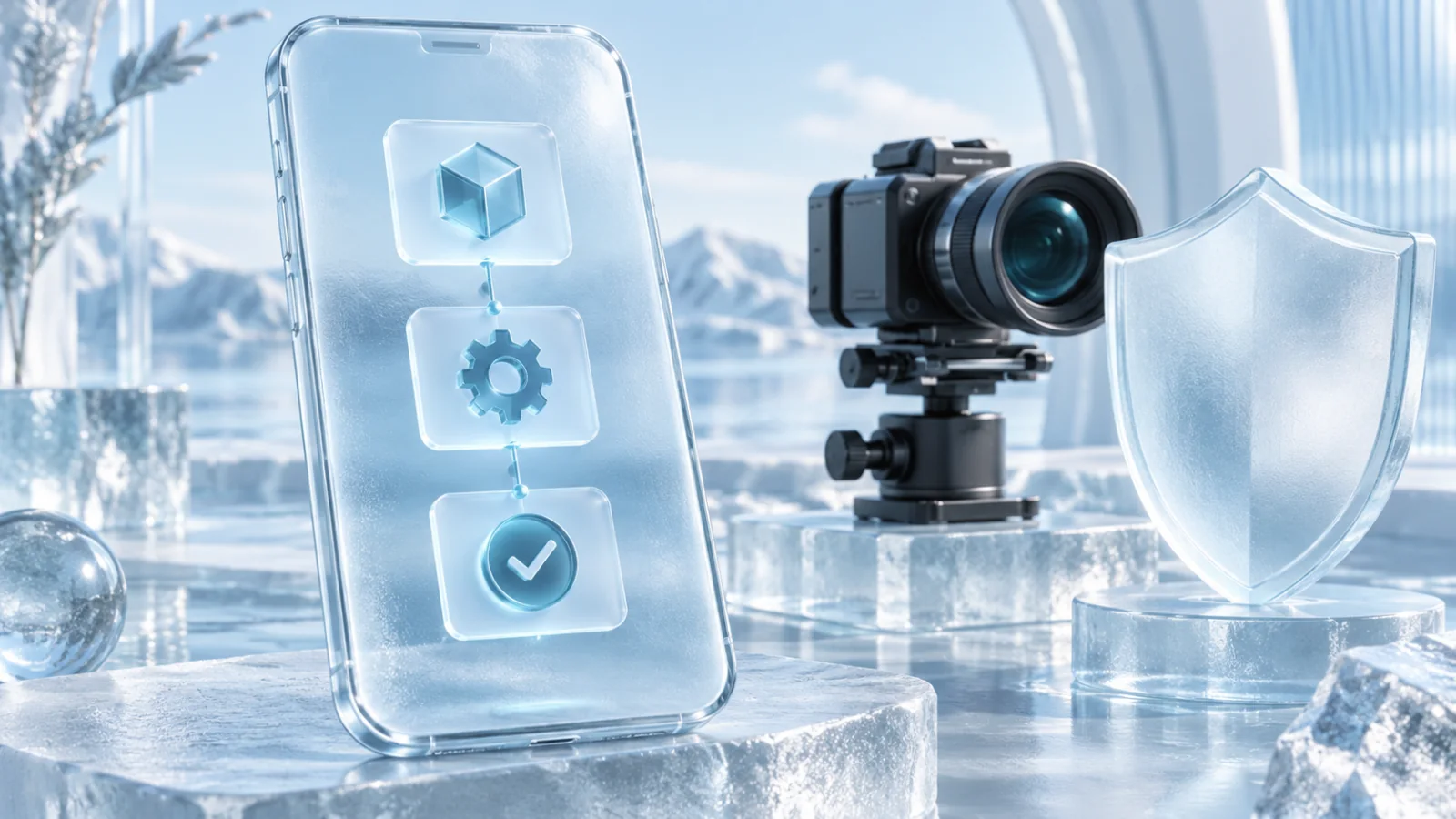 A translucent mobile product frame beside a camera rig and frosted security shield