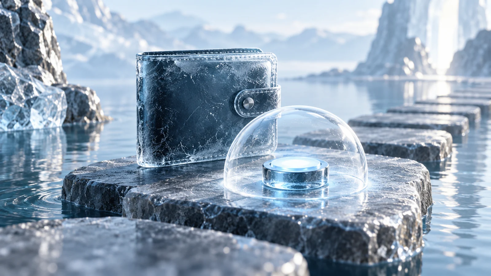 Frosted wallet case on a safe stepping-stone path beneath a clear permission lens