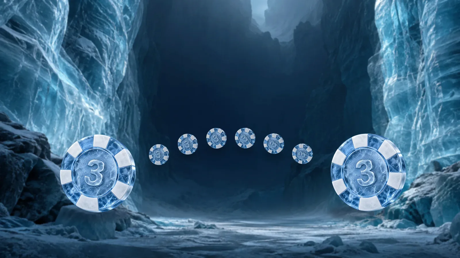 Two large frosted ice poker chips facing each other across a glacier canyon with a stream of small chips arcing between them