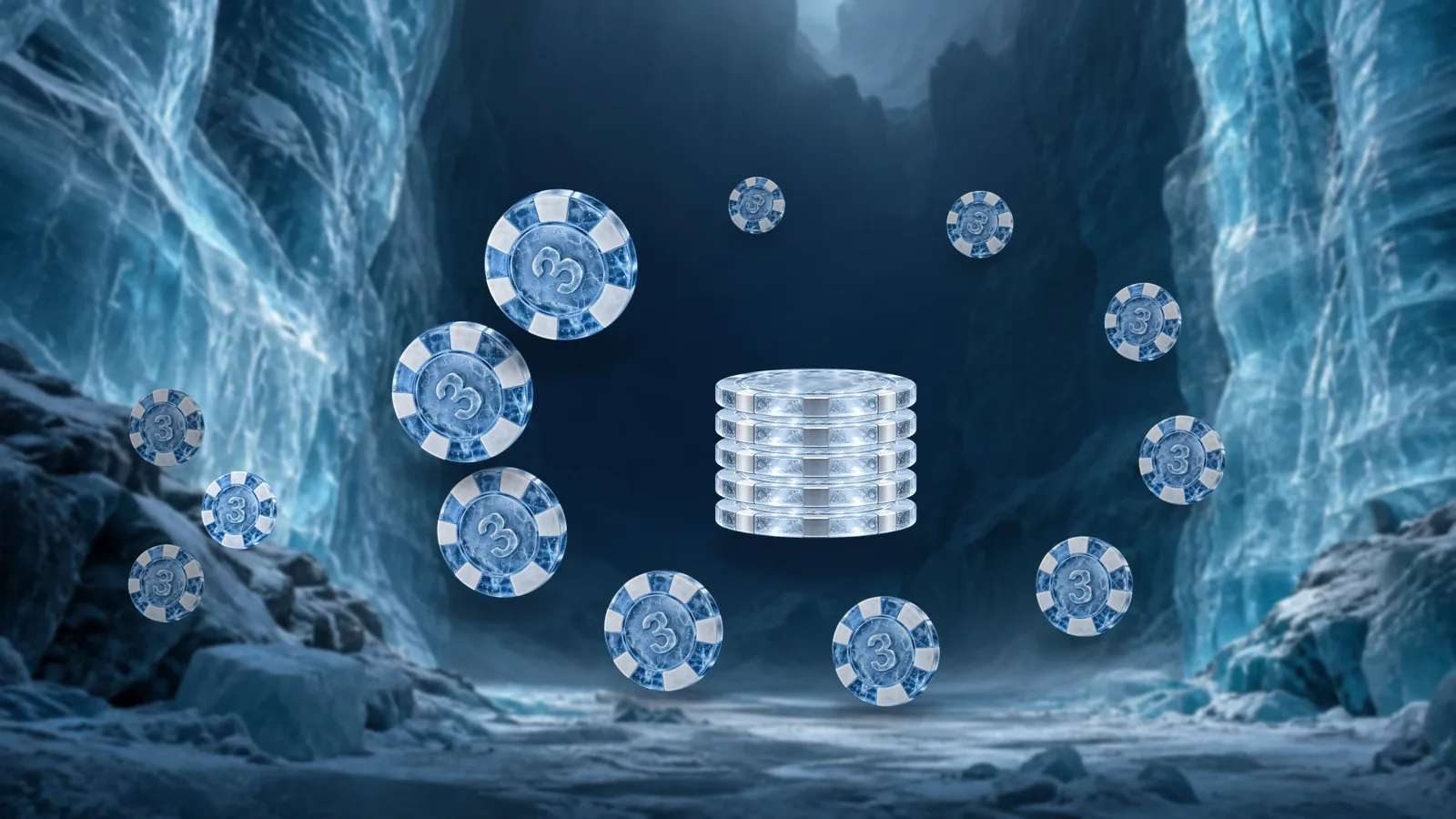 A ring of frosted ice poker chips growing in size around a stack of ice pedestals, with three small chips set apart on the left in a glacier canyon